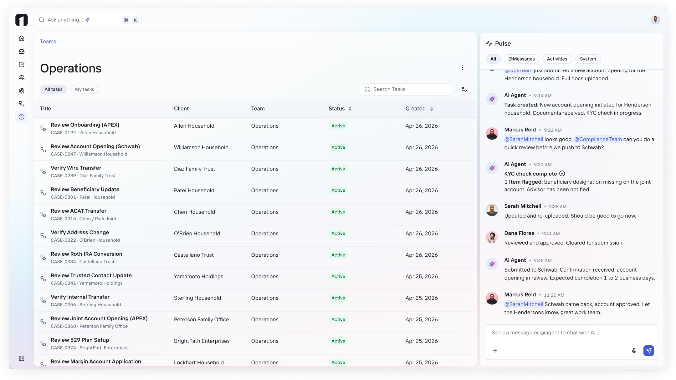 OneVest Operations Workspace showing firm-wide oversight, team workflows, and compliance monitoring